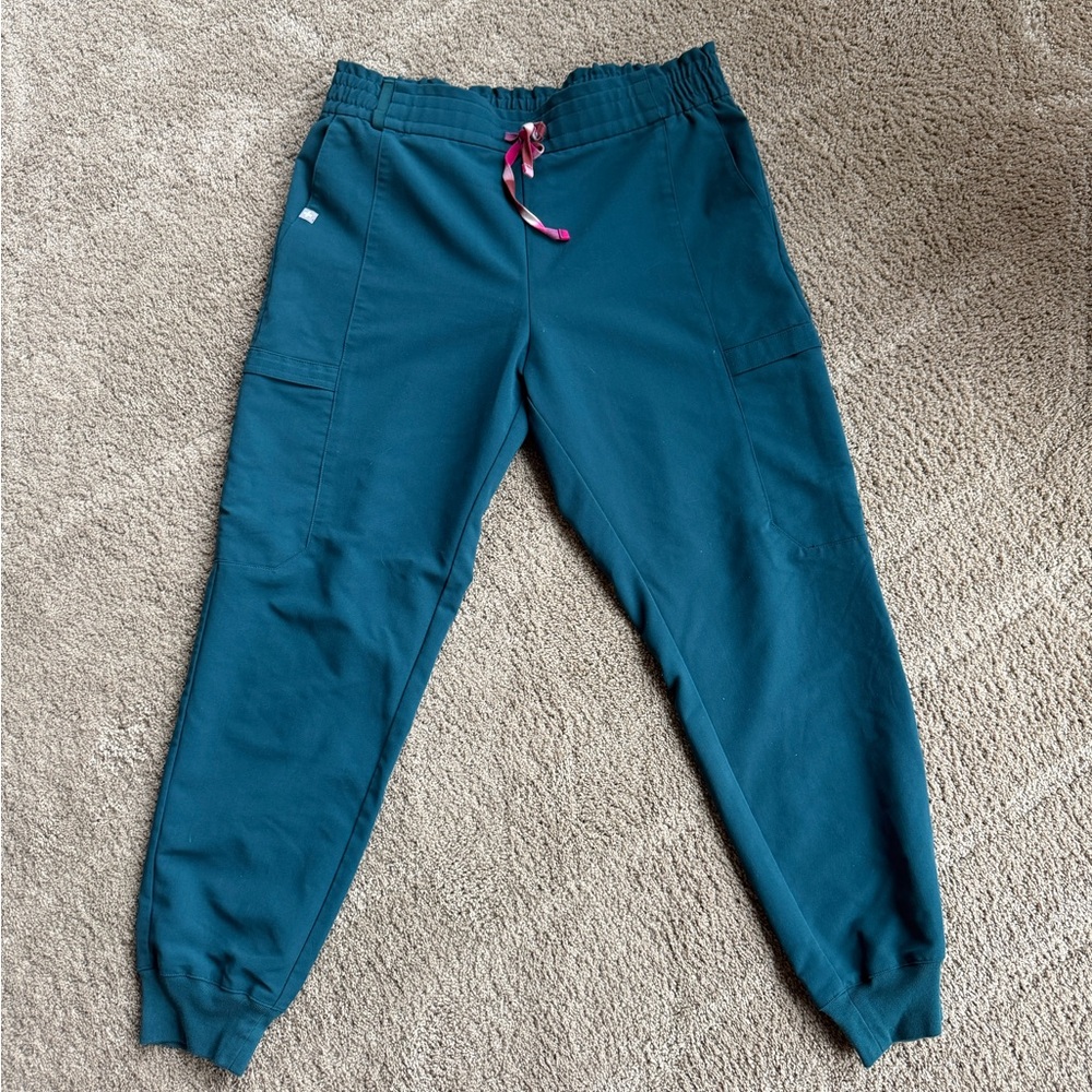 Figs Women's Teal Jogger Scrub Pants with Pink Drawstring